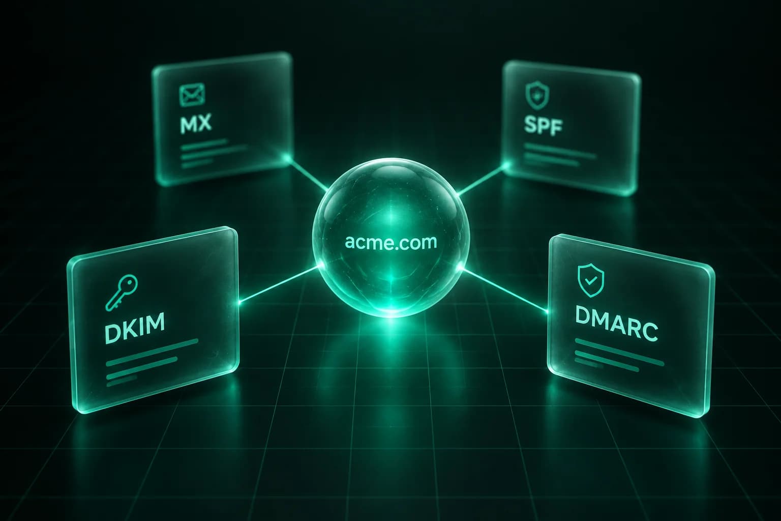 DNS records dashboard showing MX, SPF, DKIM, and DMARC verification